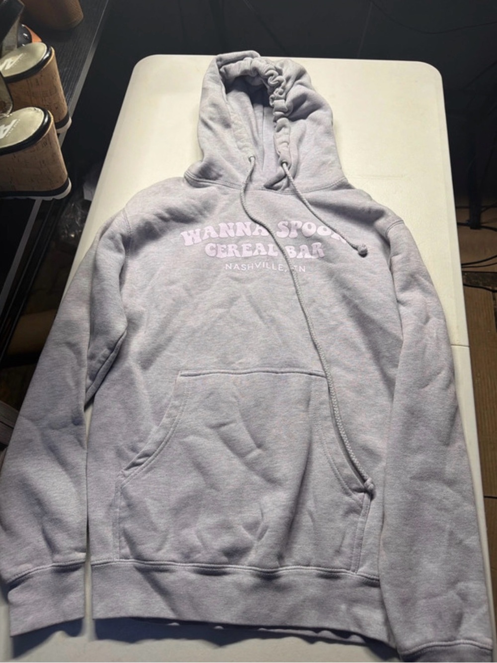 Light Gray Pullover Hoodie with Pink Chest Print